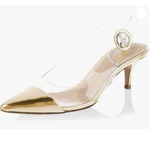 XYD Gold Transparent Slingback Kitten Heels Pumps Pointed Toe PVC Dress Sandals
